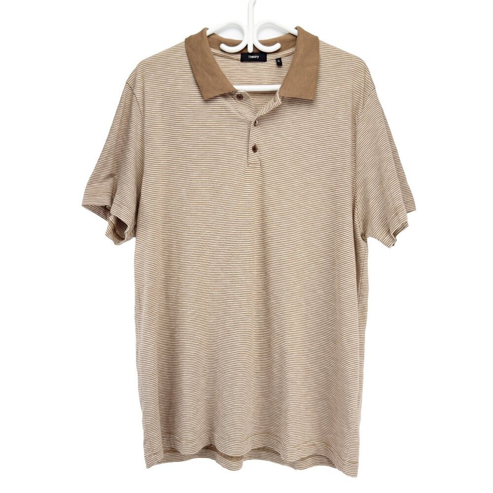 THEORY Bron D.Cosmos Striped Brown Beige Preppy‎ 100% Cotton Polo sz XL